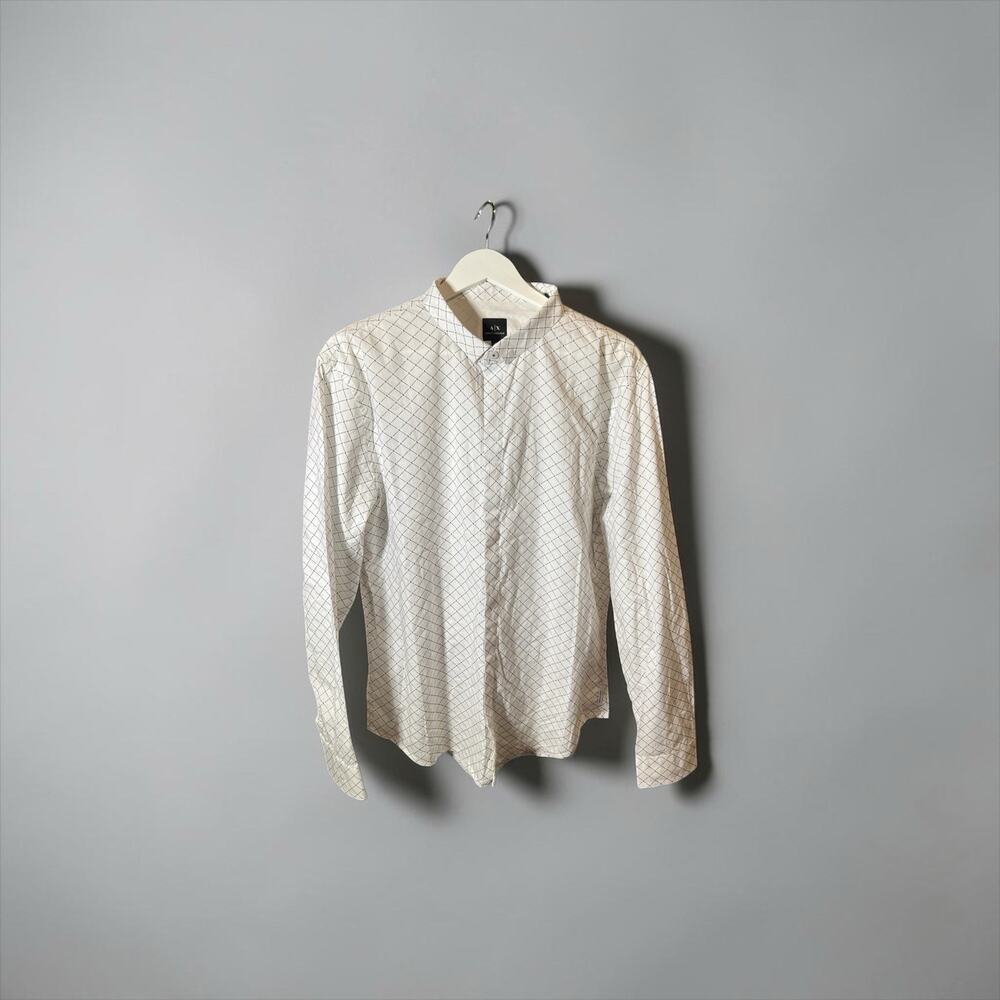 Armani Exchange Men's XL Long Sleeve Shirt White Diamond Grid Mandarin Collar AX